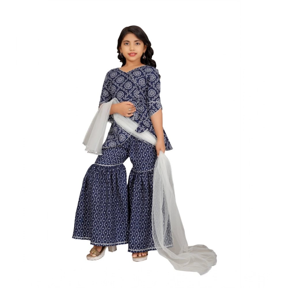 Generic Girl's Cotton Rayon Printed Top And Sharara Set (Blue)