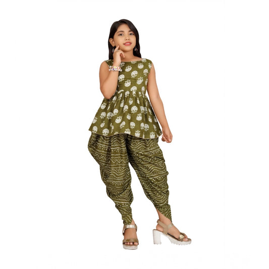 Generic Girl's Cotton Rayon Printed Top And Dhoti With Dupatta Set (Green)