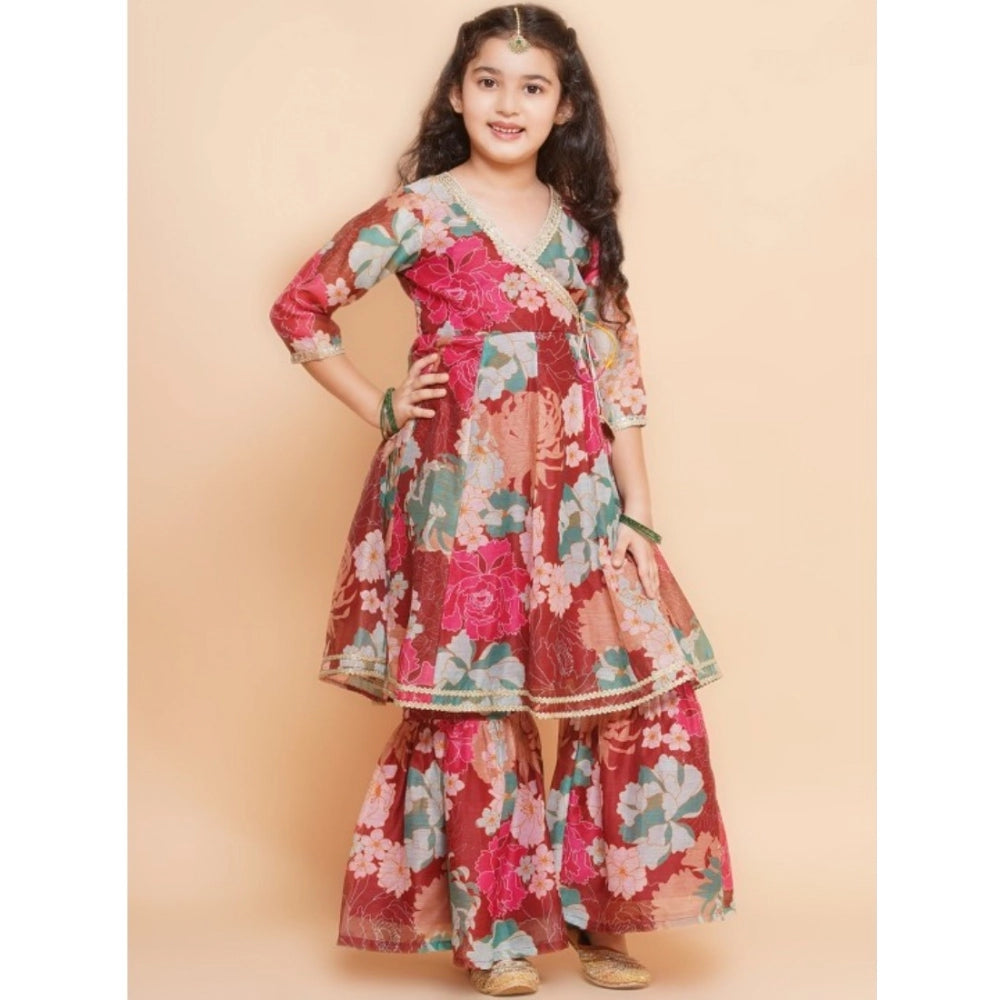 Generic Girl's Rayon Printed Codding Lace Anarkali-Style Suit (Maroon)