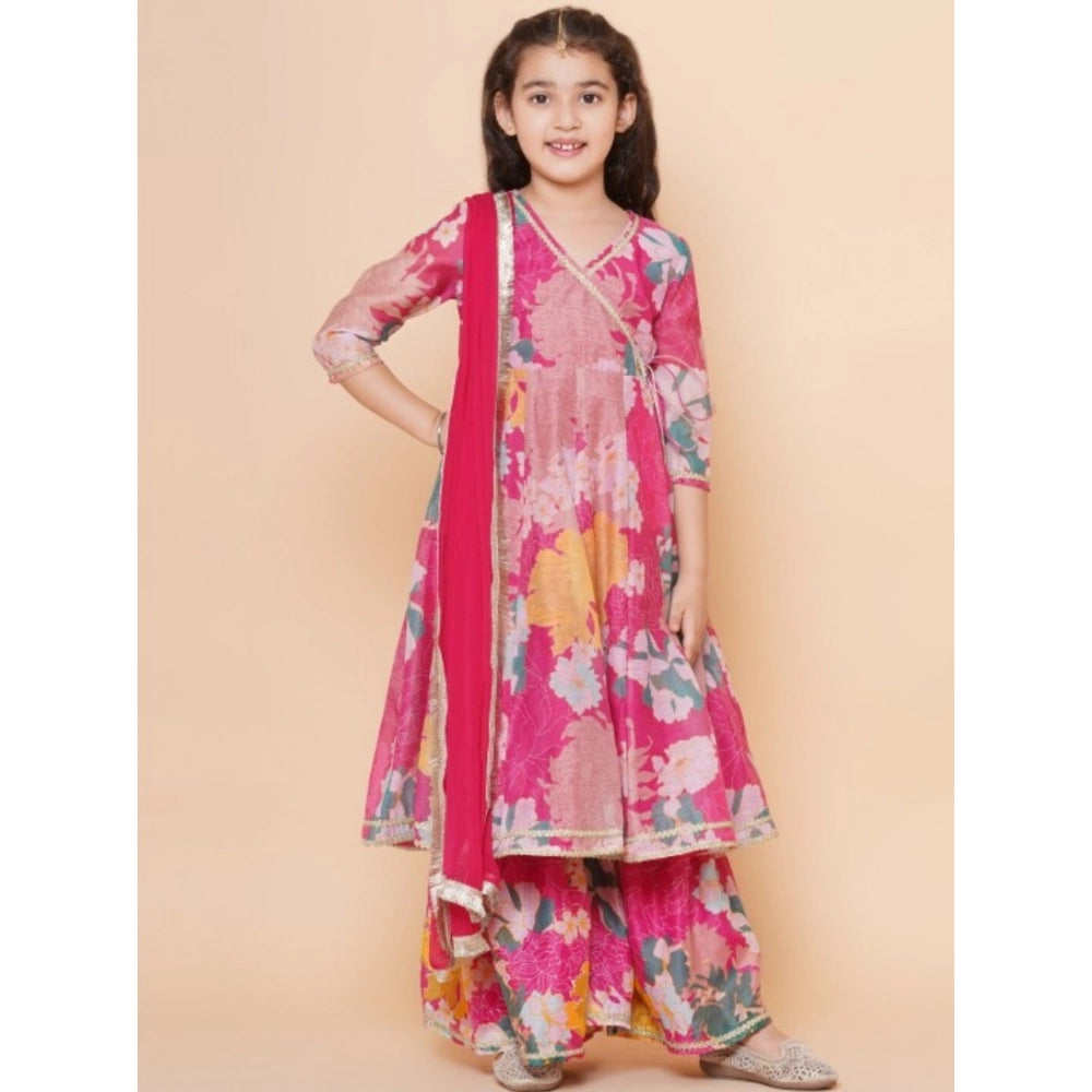 Generic Girl's Rayon Printed Codding Lace Anarkali-Style Suit (Pink)