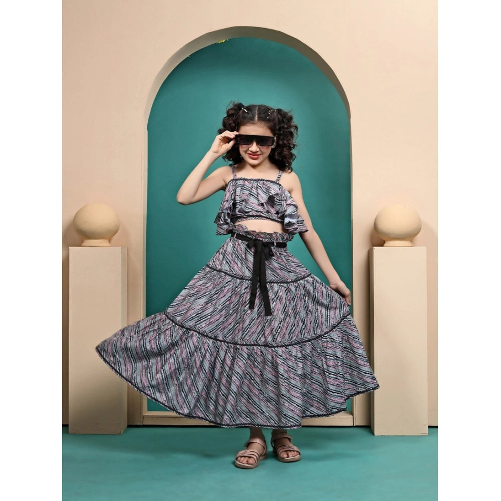 Generic Girl's Maslin Printed Crop Top And Fleared Skirt Set (Grey)