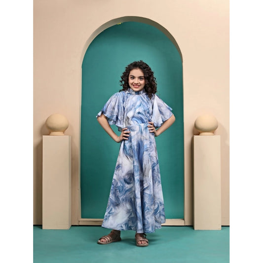 Generic Girl's Maslin Printed Maxi Length Dress (Sky Blue)