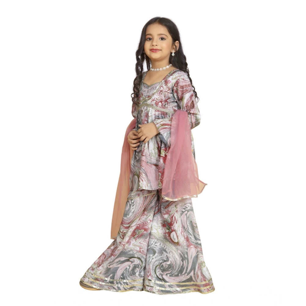 Generic Girl's Maslin Embrodrery Lace Aliya Cut Top With Sharara Dupatta Set (Pink)