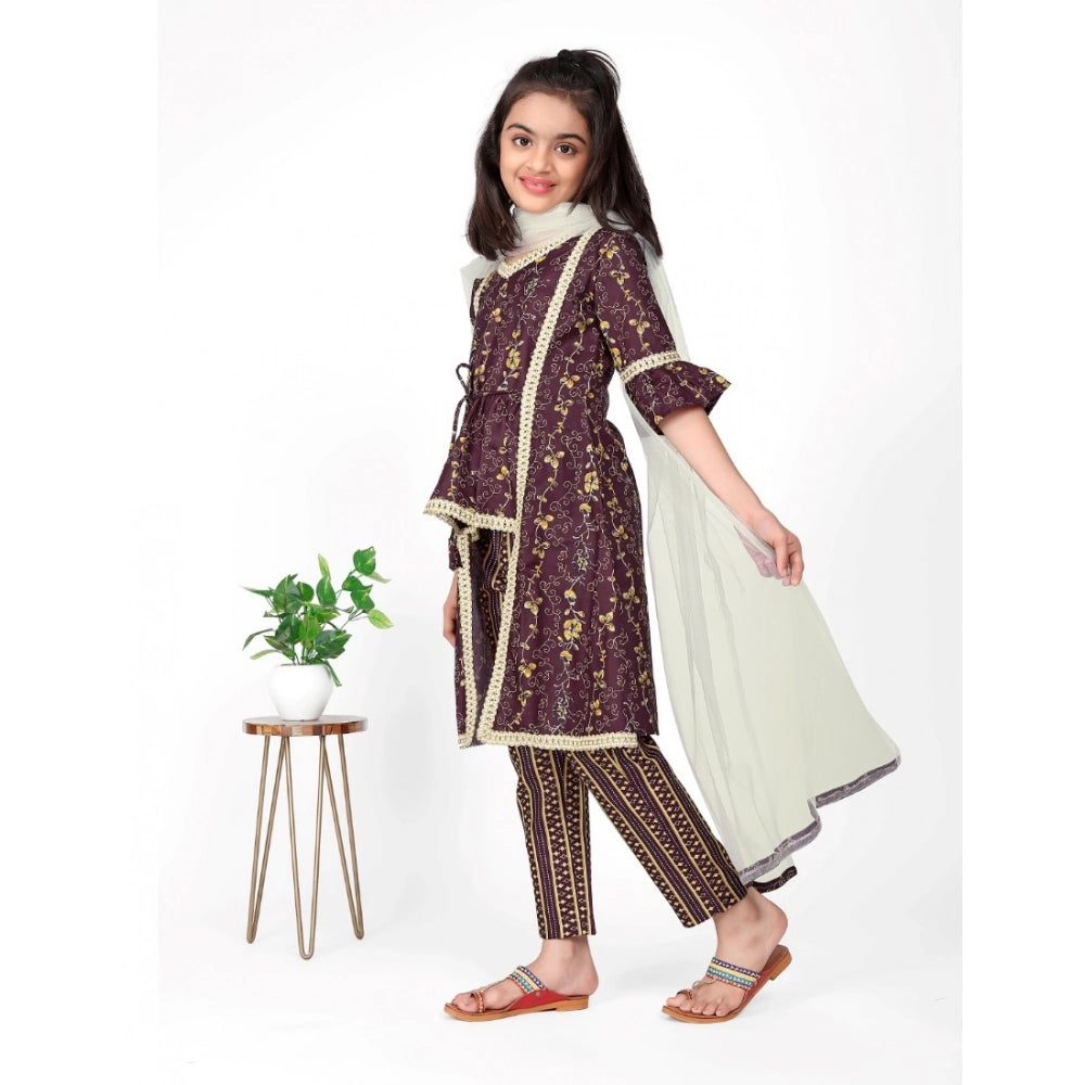 Generic Girl's Cotton Embrodrery Lace Shrug Kurti With Bottom Dupatta Set (Maroon)