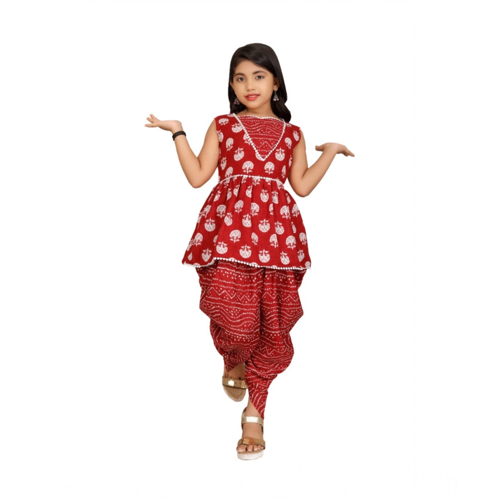 Generic Girl's Cotton Rayon Printed Top And Dhoti With Dupatta Set (Maroon)