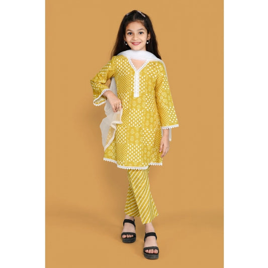 Generic Girl's Silk Blend Floral Prinded Shiffli Lace Salwar Kameez Dupatta Set (Yellow)