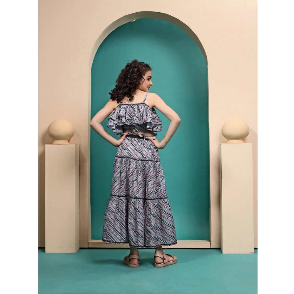 Generic Girl's Maslin Printed Crop Top And Fleared Skirt Set (Grey)