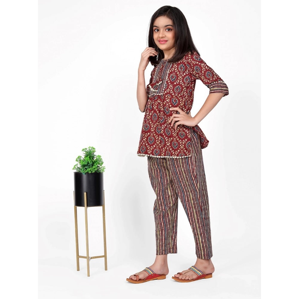Generic Girl's Cotton Printed Top With Bottom Set (Brown)