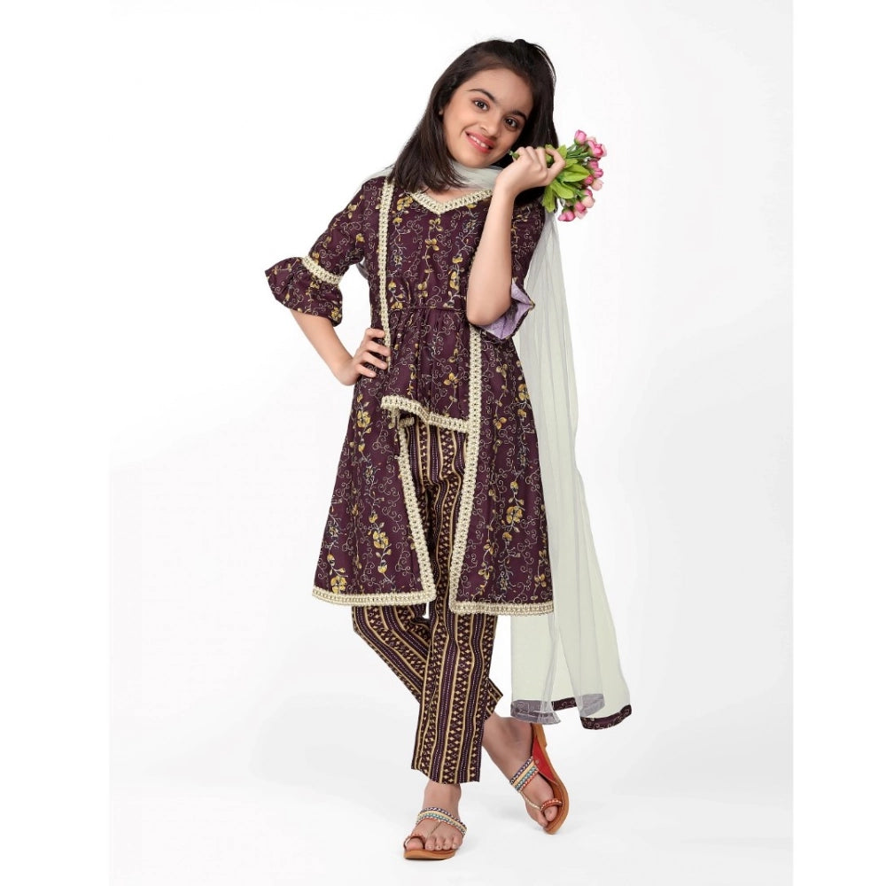 Generic Girl's Cotton Embrodrery Lace Shrug Kurti With Bottom Dupatta Set (Maroon)