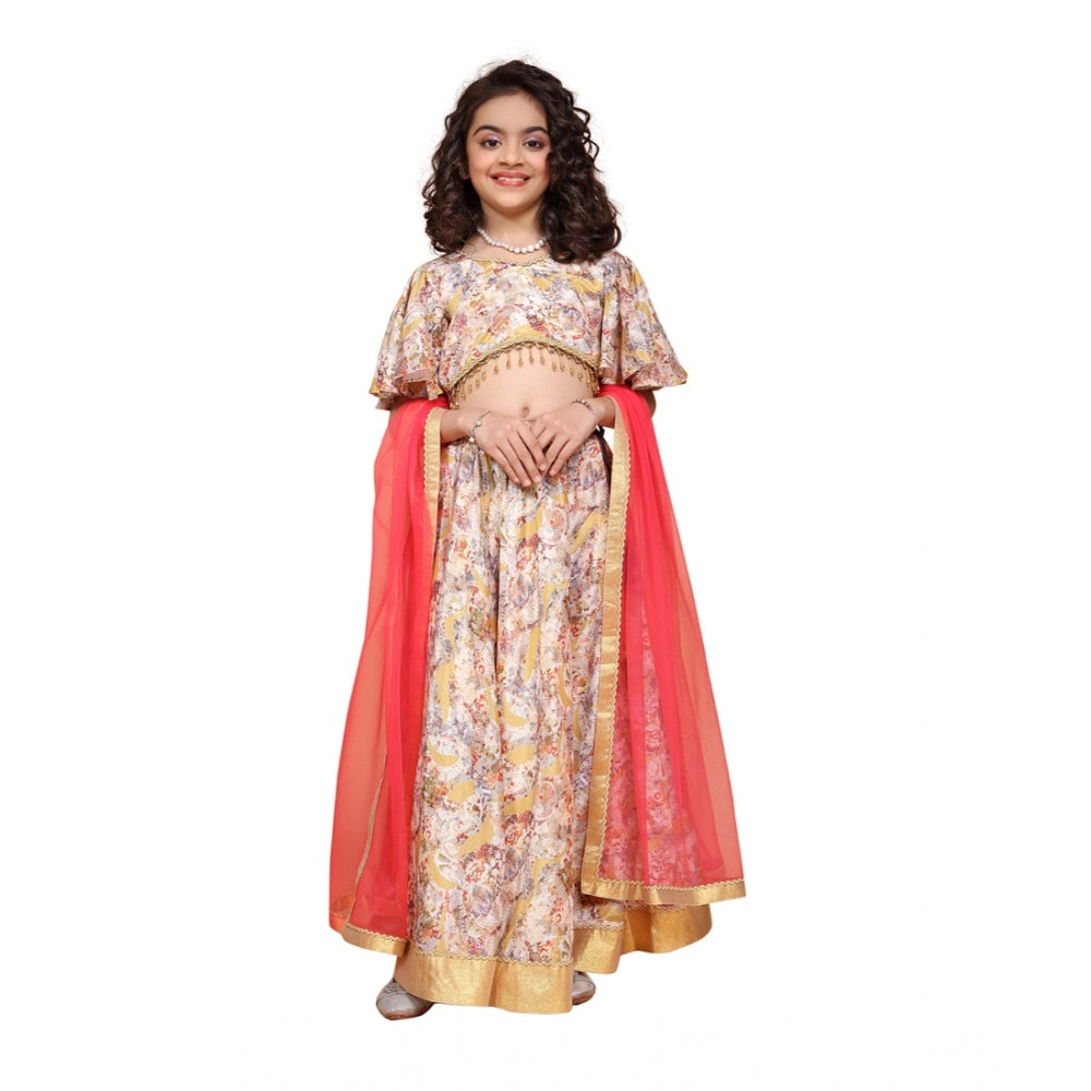 Generic Girl's Chiffon Printed Lehenga Choli Set (Beige)