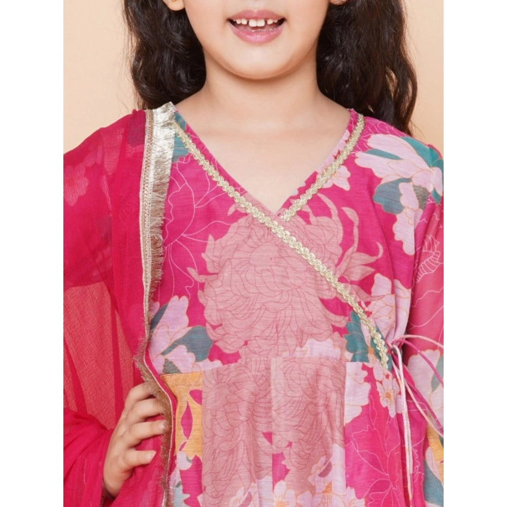 Generic Girl's Rayon Printed Codding Lace Anarkali-Style Suit (Pink)