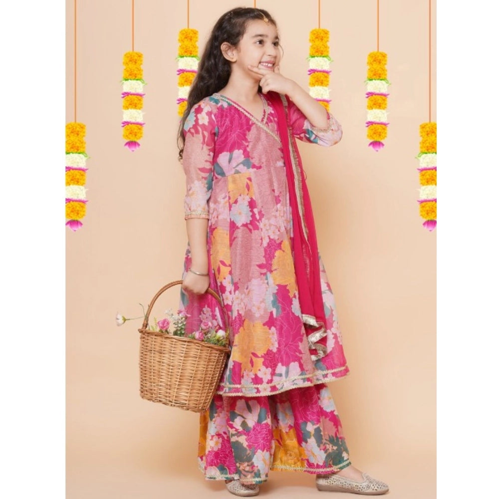 Generic Girl's Rayon Printed Codding Lace Anarkali-Style Suit (Pink)
