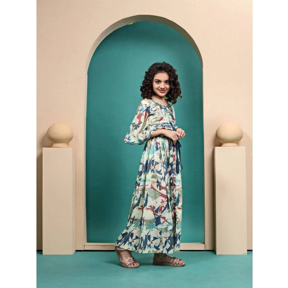 Generic Girl's Maslin Printed Crop Top And Skirt Set (Multicolor)