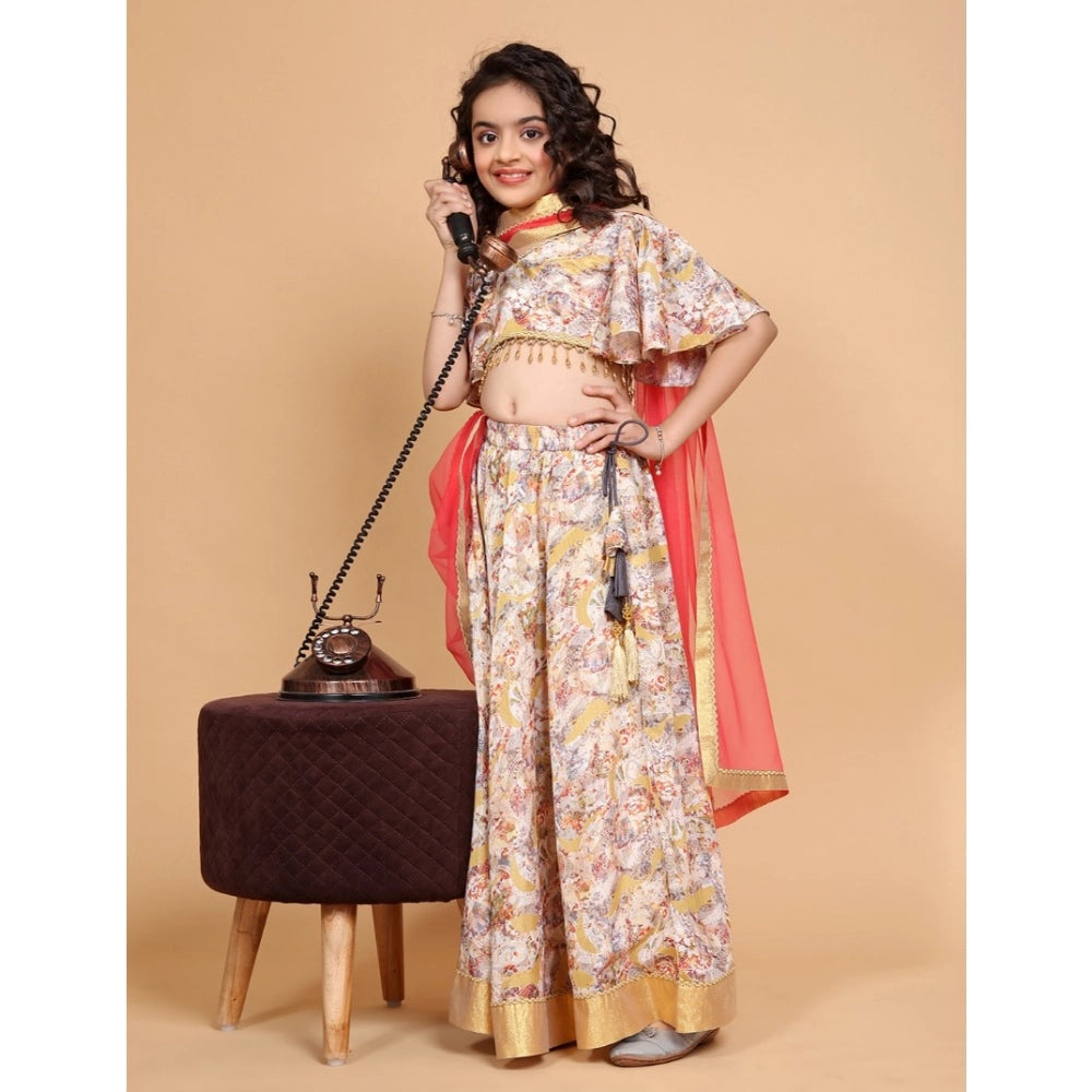 Generic Girl's Chiffon Printed Lehenga Choli Set (Beige)