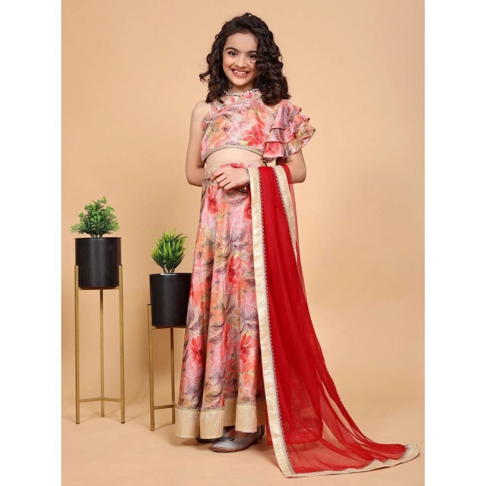 Generic Girl's Chiffon Printed Lehenga Choli Set (Peach)