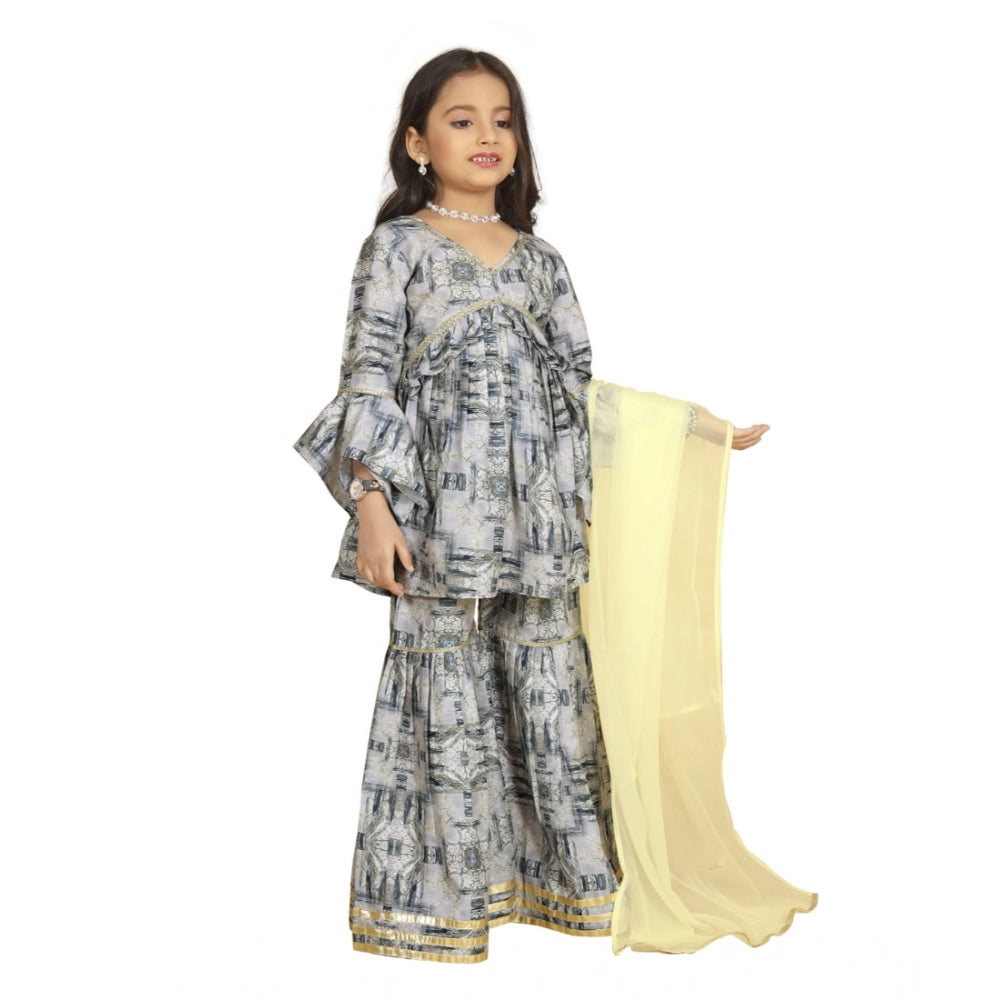 Generic Girl's Maslin Embrodrery Lace Aliya Cut Top With Sharara Dupatta Set (Grey)
