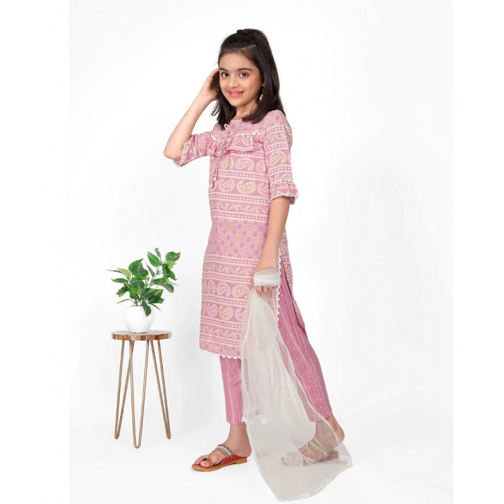 Generic Girl's Cotton Printed Kurtis With Bottom Dupatta Set (Baby Pink)