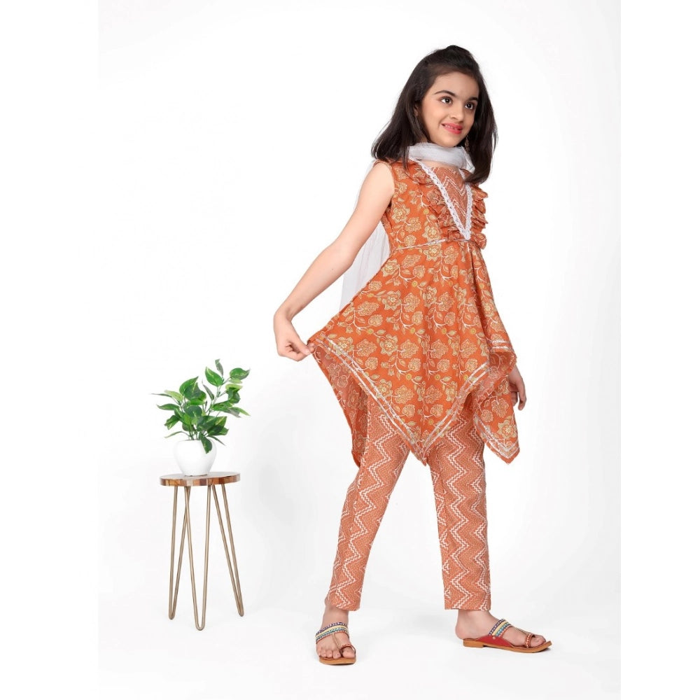 Generic Girl's Cotton Printed Kurti With Bottom Dupatta Set (Orange)