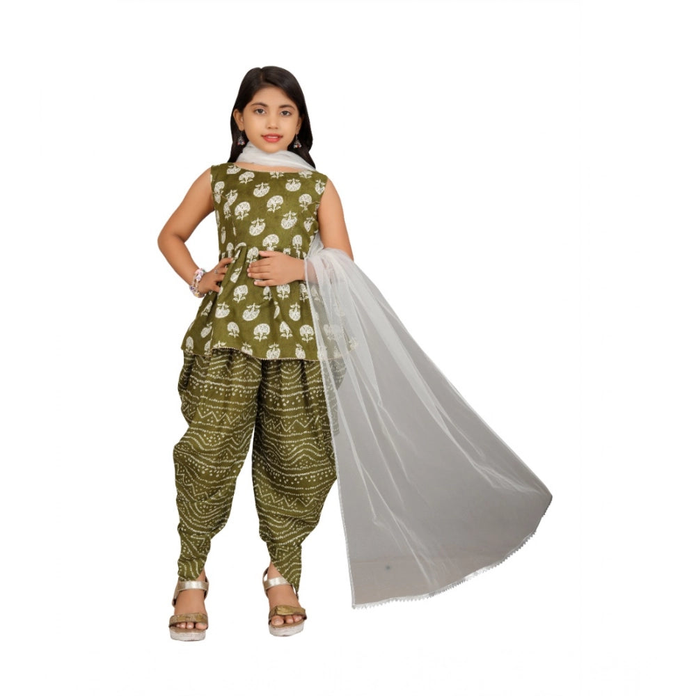 Generic Girl's Cotton Rayon Printed Top And Dhoti With Dupatta Set (Green)