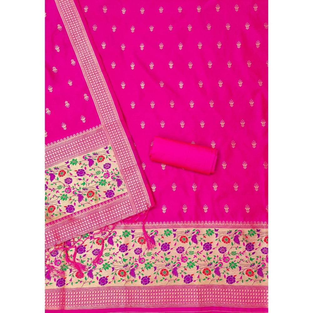 Generic Women's Banarasi Silk Printed Unstitched Salwar Suit Material With Dupatta (Pink, 3Mtrs)