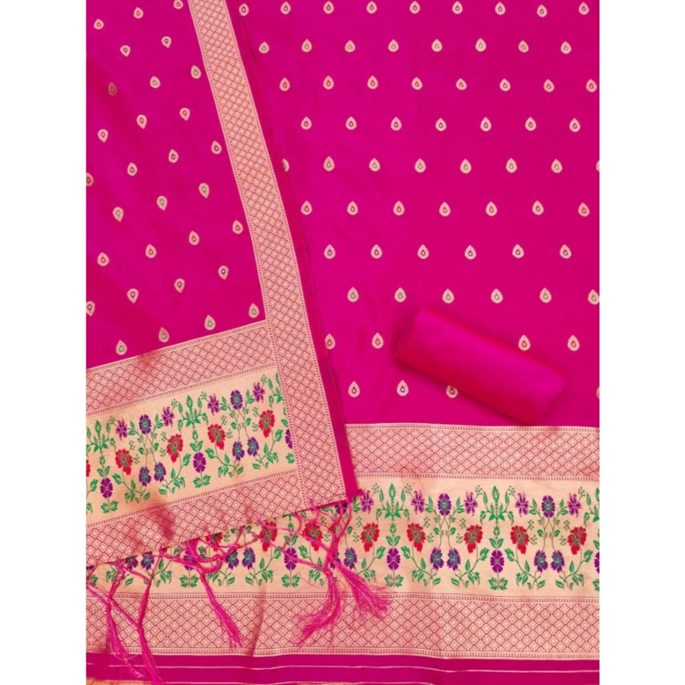 Generic Women's Banarasi Silk Printed Unstitched Salwar Suit Material With Dupatta (Pink, 3Mtrs)