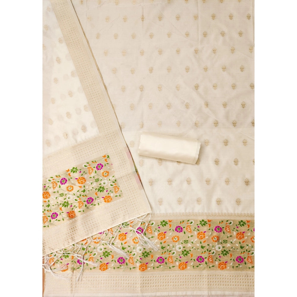 Generic Women's Banarasi Silk Printed Unstitched Salwar Suit Material With Dupatta (White, 3Mtrs)