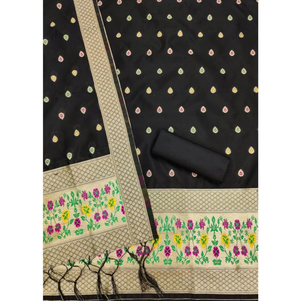 Generic Women's Banarasi Silk Printed Unstitched Salwar Suit Material With Dupatta (Black, 3Mtrs)