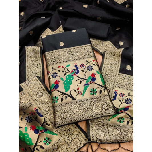 Generic Women's Banarasi Silk Printed Unstitched Salwar Suit Material With Dupatta (Black, 3Mtrs)