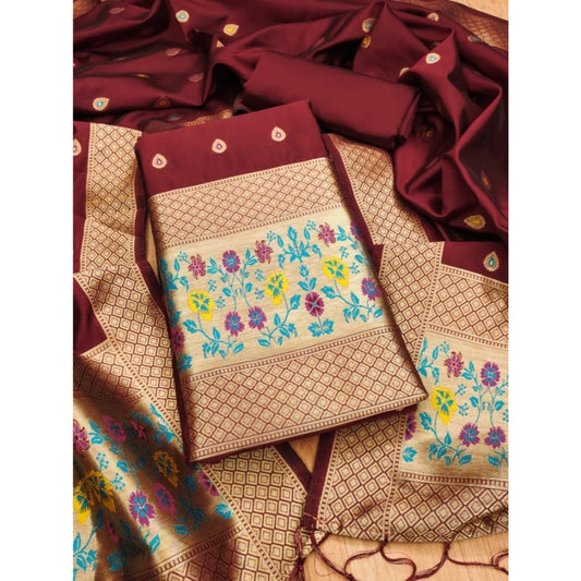 Generic Women's Banarasi Silk Printed Unstitched Salwar Suit Material With Dupatta (Maroon, 3Mtrs)