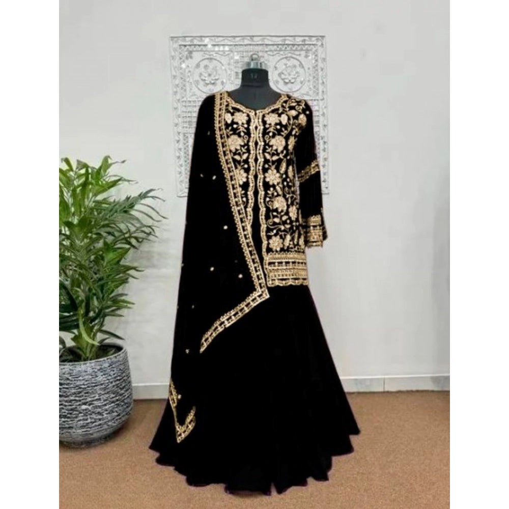 Generic Women's Georgette Embroidery 3-4th Sleeve V-Neck Kurti, Palazzo And Dupatta Set (Black)