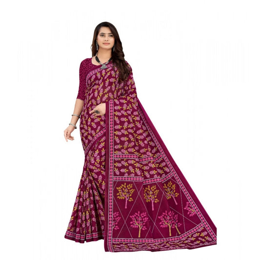 Generic Women's Soft Pure Cotton Printed Saree With Unstitched Blouse 5.5Mtr (Wine)