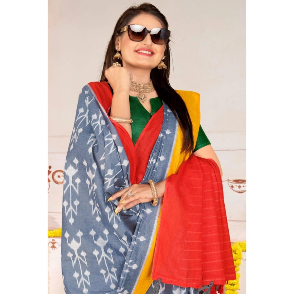 Generic Women's Soft Pure Cotton Printed Saree With Unstitched Blouse 5.5Mtr (Grey)