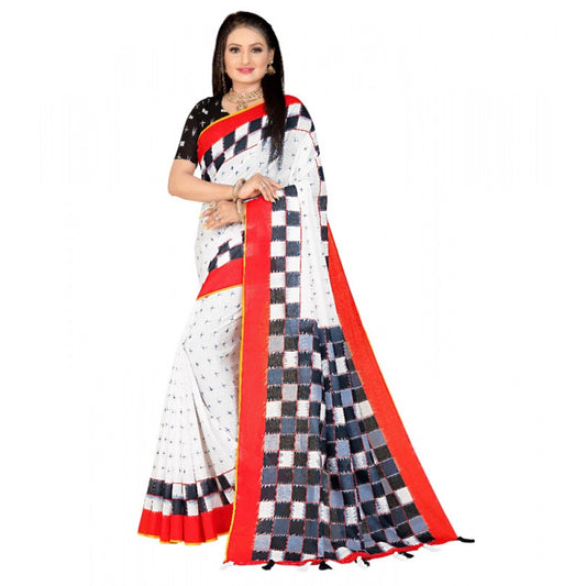 Generic Women's Soft Pure Cotton Printed Saree With Unstitched Blouse 5.5Mtr (White)