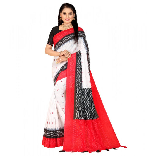 Generic Women's Soft Pure Cotton Printed Saree With Unstitched Blouse 5.5Mtr (White)