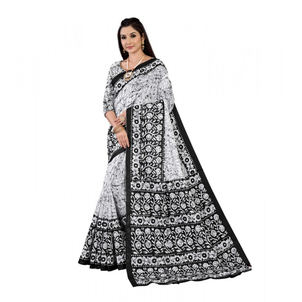 Generic Women's Soft Pure Cotton Printed Saree With Unstitched Blouse 5.5Mtr (Black - White)
