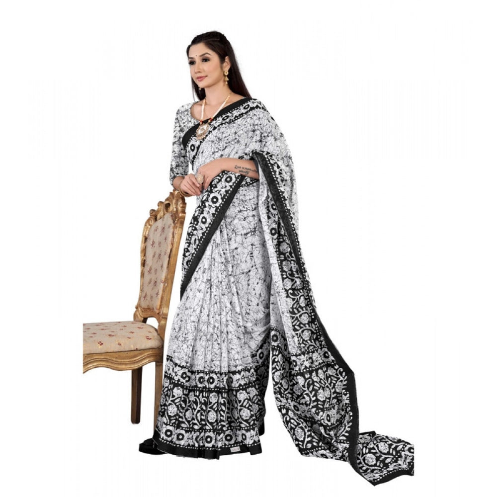 Generic Women's Soft Pure Cotton Printed Saree With Unstitched Blouse 5.5Mtr (Black - White)