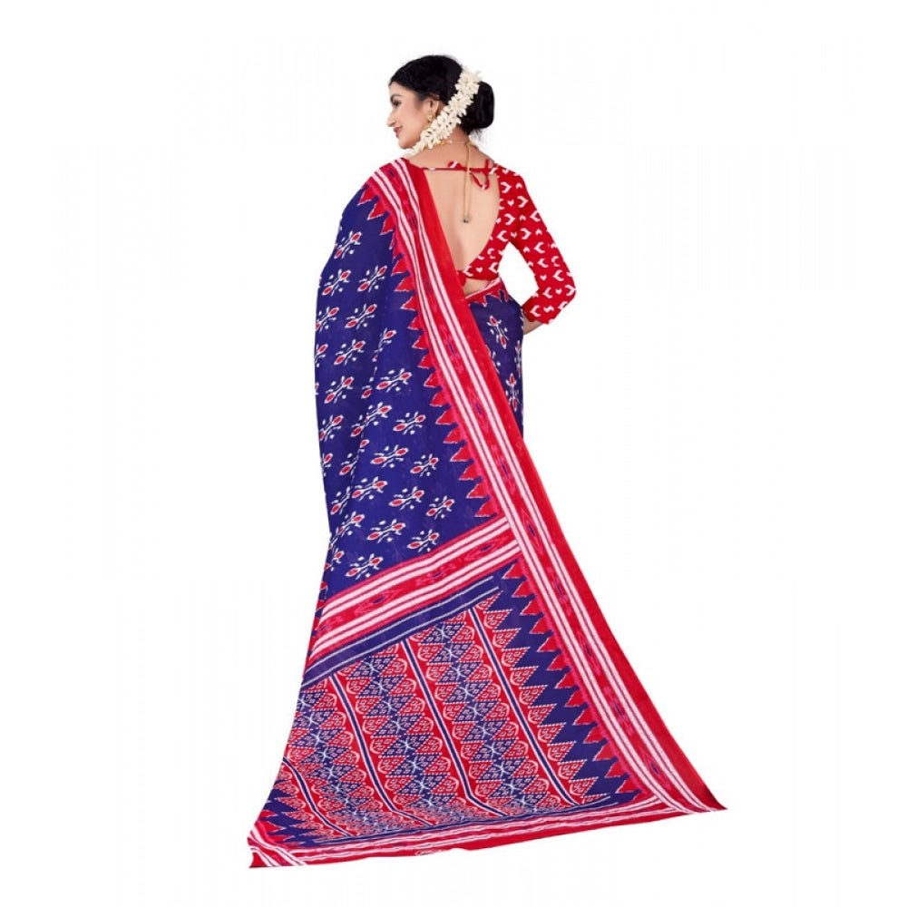 Generic Women's Soft Pure Cotton Printed Saree With Unstitched Blouse 5.5Mtr (Blue)