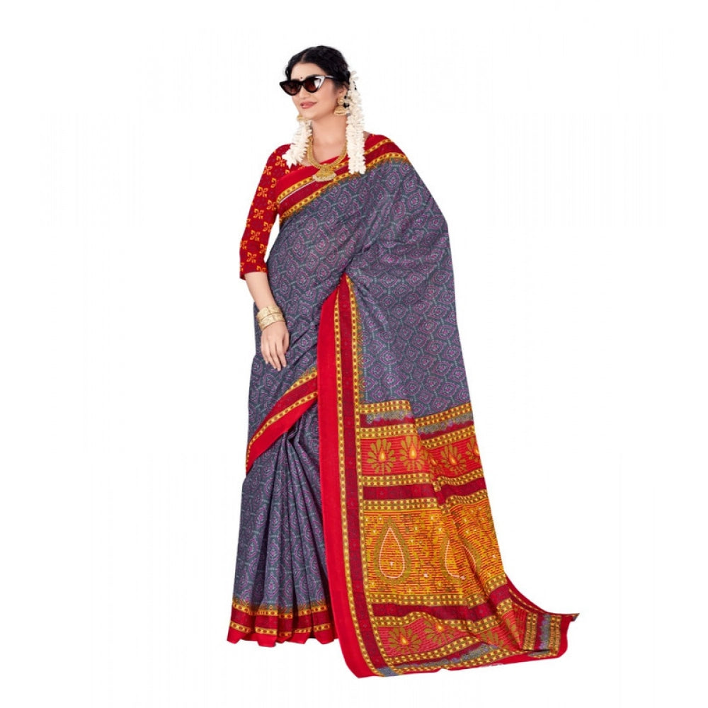 Generic Women's Soft Pure Cotton Printed Saree With Unstitched Blouse 5.5Mtr (Grey)