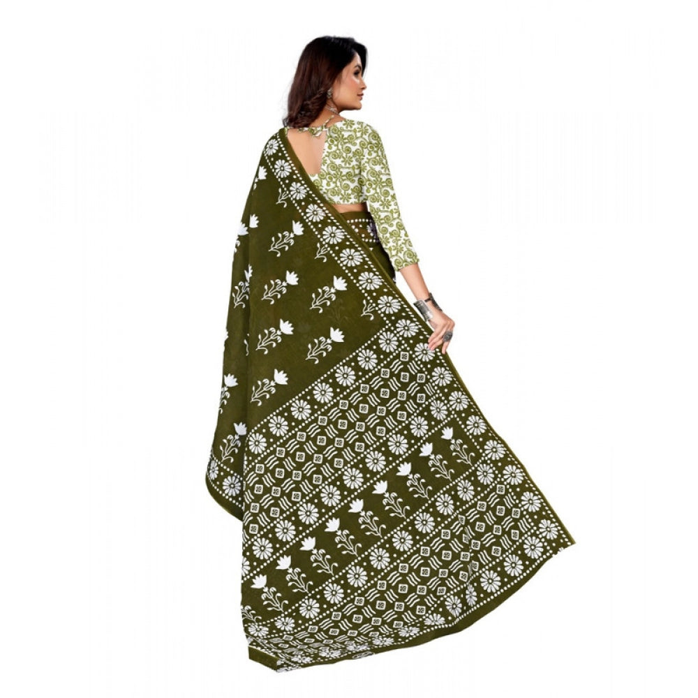Generic Women's Soft Pure Cotton Printed Saree With Unstitched Blouse 5.5Mtr (Mehendi green)