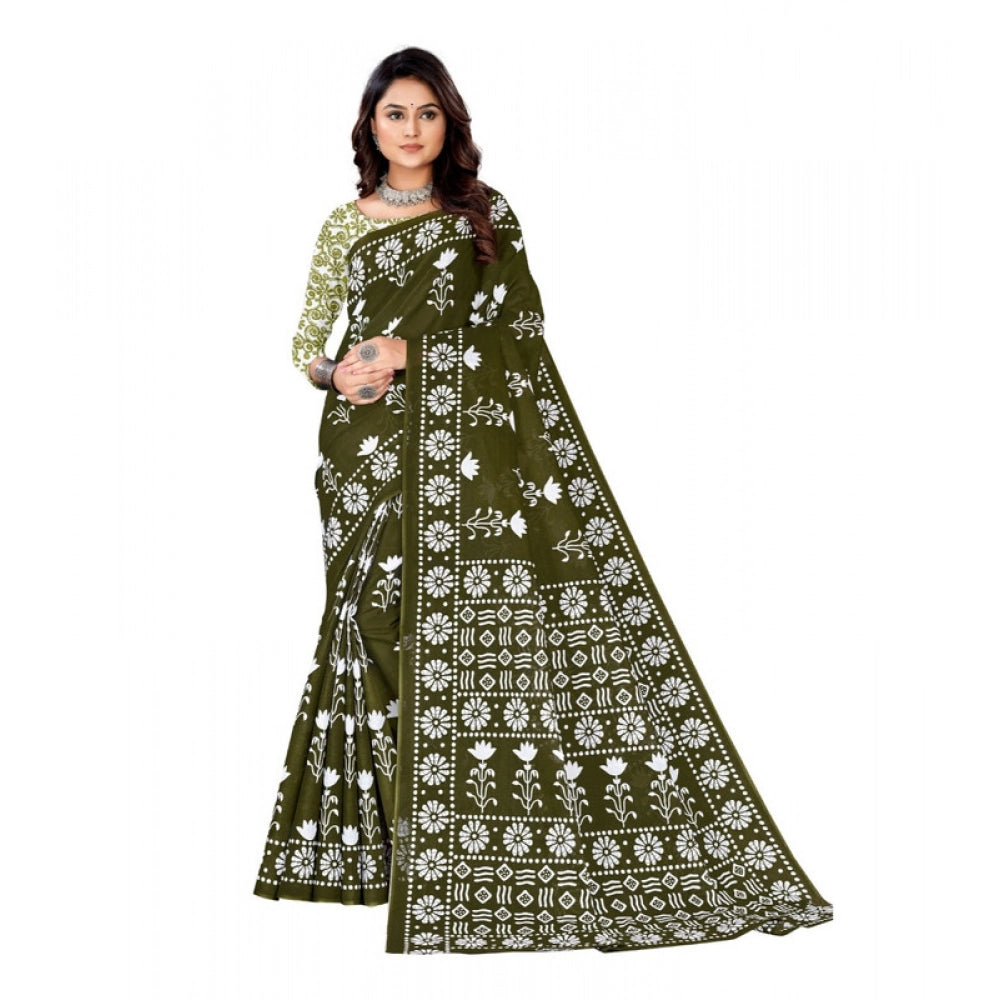 Generic Women's Soft Pure Cotton Printed Saree With Unstitched Blouse 5.5Mtr (Mehendi green)