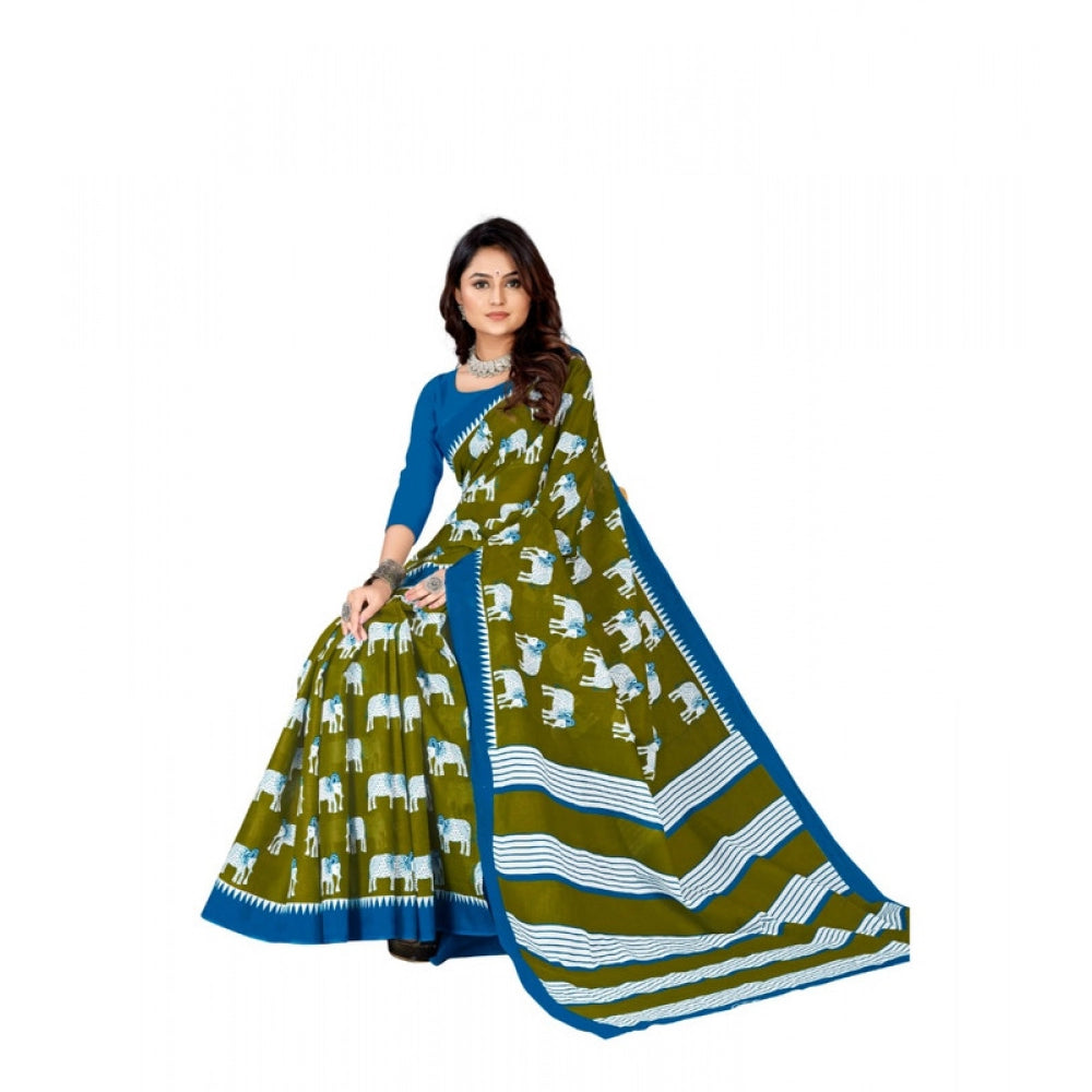 Generic Women's Soft Pure Cotton Printed Saree With Unstitched Blouse 5.5Mtr (Mehendi green)