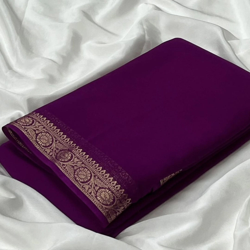 Generic Women's Crepe Chit Pallu Solid Saree With Unstitched Blouse 5.5Mtr (Wine)