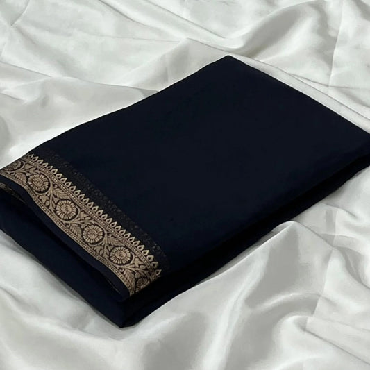 Generic Women's Crepe Chit Pallu Solid Saree With Unstitched Blouse 5.5Mtr (Black)