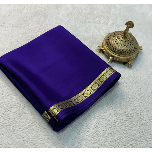 Generic Women's Crepe Chit Pallu Solid Saree With Unstitched Blouse 5.5Mtr (Dark Purple)